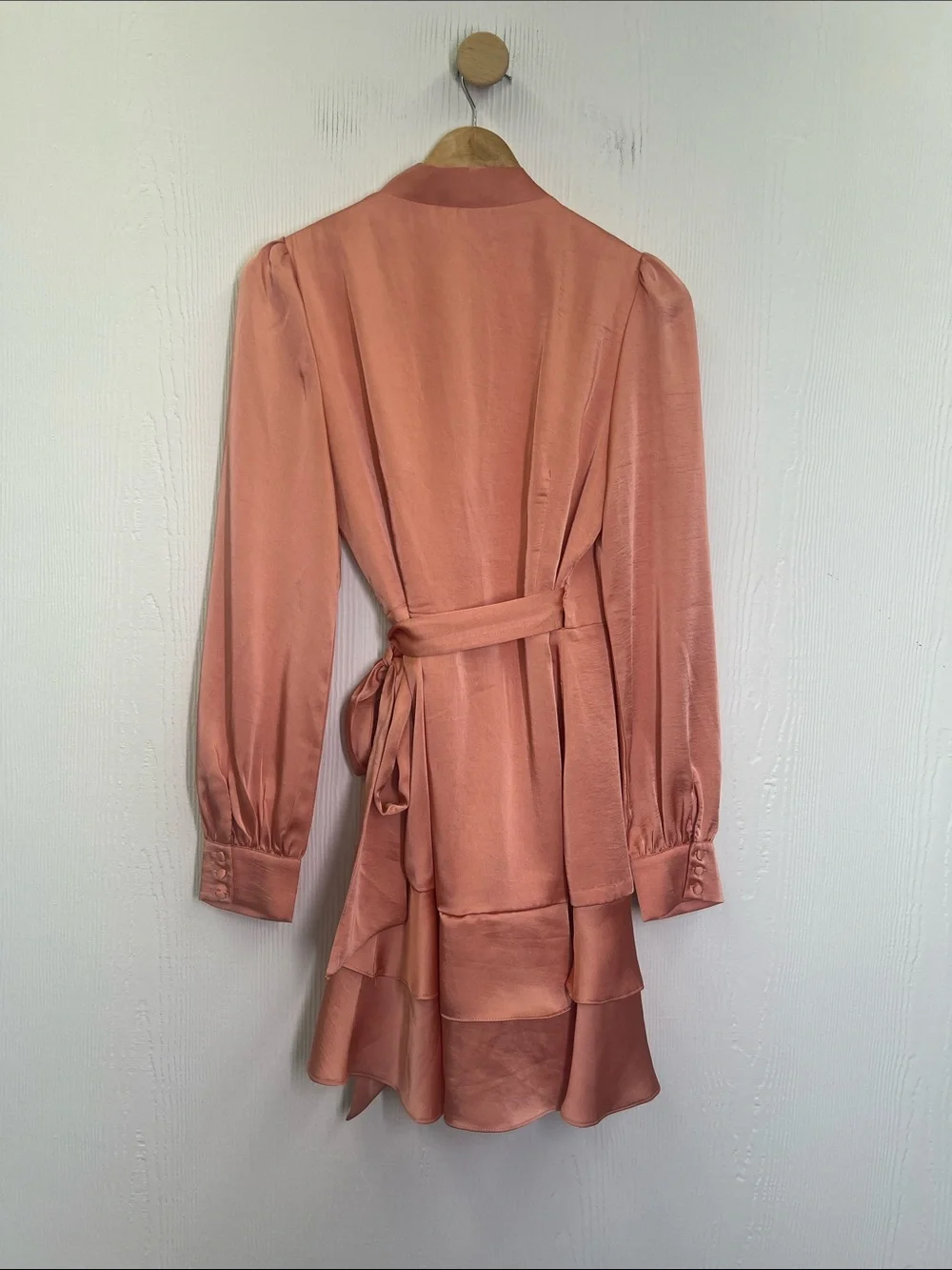 Lulus - Glow Forever Peach Pink Long Sleeve Ruffled Wrap Mini Dress Size Medium - Picture 10 of 10